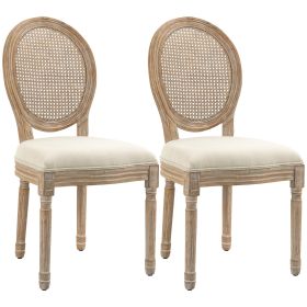 HOMCOM French-Style Upholstered Dining Chair Set, Armless Accent Side Chairs with Rattan Backrest and Linen-Touch Upholstery, Set of 2, Cream Whi
