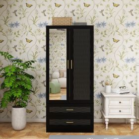Modern Wooden Armoire Wardrobe Closet with 2 Doors, Hanging Rods, 2 Drawers, Mirror