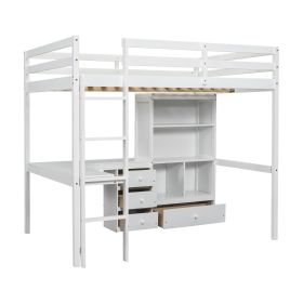 Full Size Loft Wood Bed with Desk, Storage shelves and Drawers, Built-in Ladder, High Loft Bed with Desk, Storage Shelves and Drawers,Guardrails,