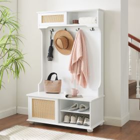 Clothes hanger Hall Tree Storage Bench Shoe Rack for Entryway, Hall Tree with Bench and Shoe Storage, Hall Tree Entryway Bench with Rattan Door W (Color: White, Material: MDF)